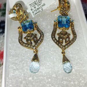 Blue topaz dangling earrings in gold plated sterling silver
